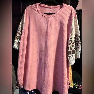 Pink Women's Top with Lace and Animal Print Sleeves